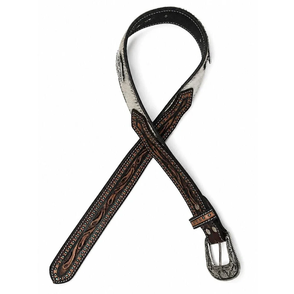 Men's Leather Western Belt Size 30 Silver Buckle Pony/Calf Hair Tooled